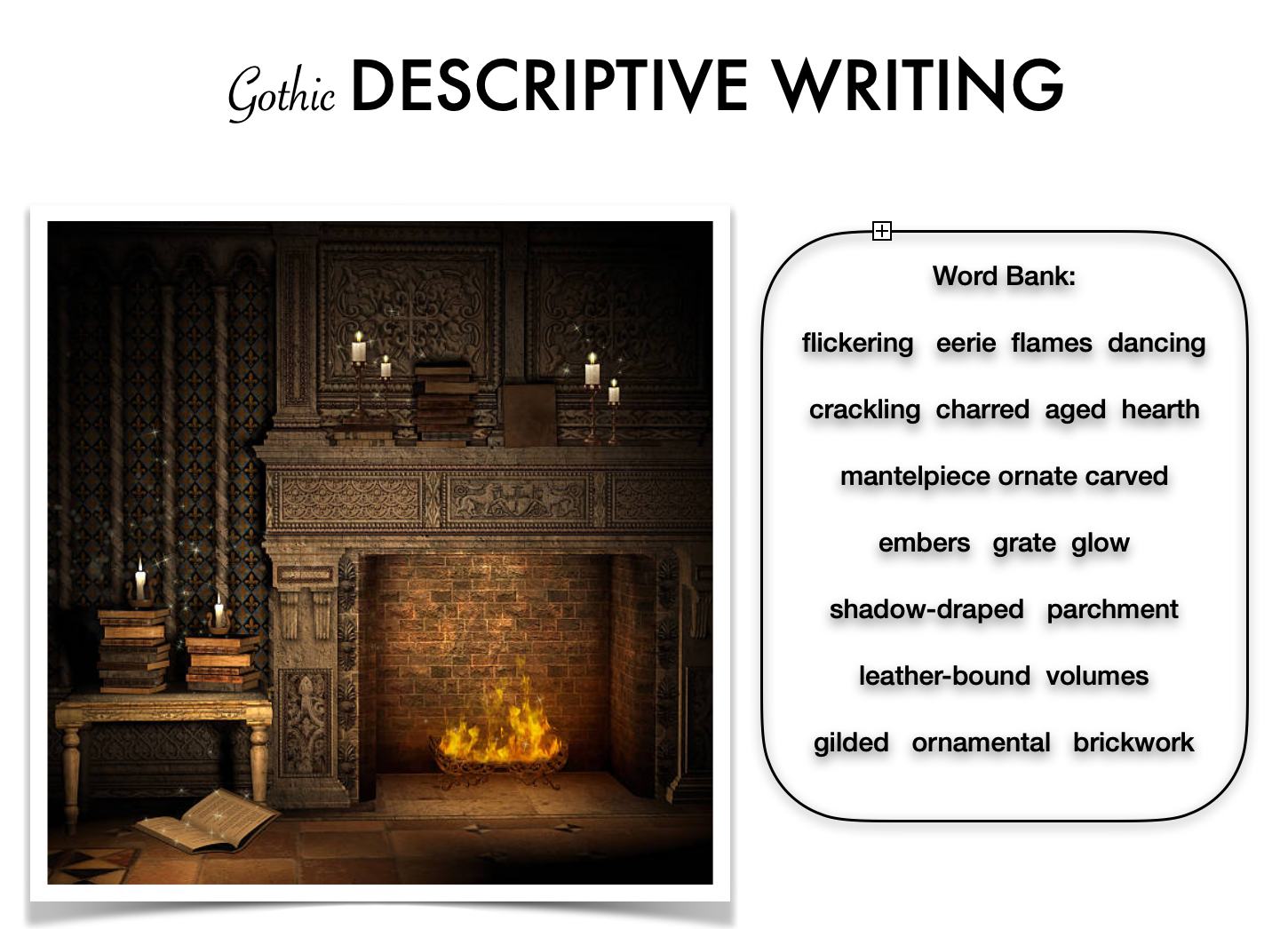 Gothic room with ornate fireplace and candles.